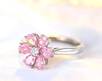 Pink Zircon Flower Ring | CVD Diamond, Sterling Silver Floral Ring