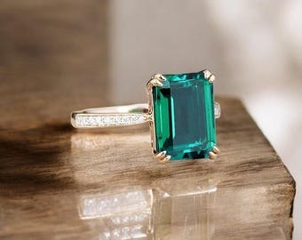 Labor gewachsener Smaragdschliff Ring | 925 Sterling Silber, weiße AD Stones, Minimalistische Verlobung