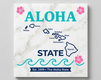 Personalized Hawaii State Marble Plaque - Custom Aloha State Decor - Tropical Island Map Art - 6x6 Carrara Stone