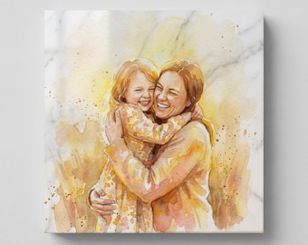 Custom Watercolor Portrait on Marble - Personalized Photo Gift for Mom - 6x6 Carrara Stone Plaque - Memorial Family Keepsake