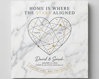 Personalized First Home Star Map Marble Plaque - Custom Zodiac Heart Constellation Decor - New Home Gift - 6x6 Carrara