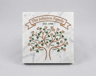 Personalized Family Tree Marble Plaque - Custom Family Name Heirloom - Heart Leaves & Birth Years Art