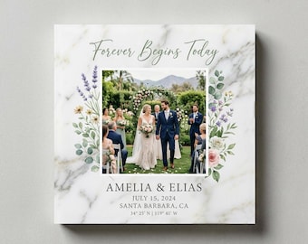 Personalized Carrara Marble Wedding Photo Plaque - Custom Couples Anniversary Gift - Botanical Watercolor Floral Design