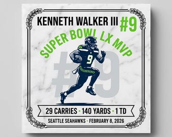 Kenneth Walker III Super Bowl LX MVP Marble Plaque – Seattle Seahawks Carrara Stone Award