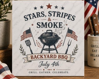Retro 4th of July BBQ Marble Plaque - Stars Stripes and Smoke - Independence Day Keepsake - Gift for Grilling Enthusiasts