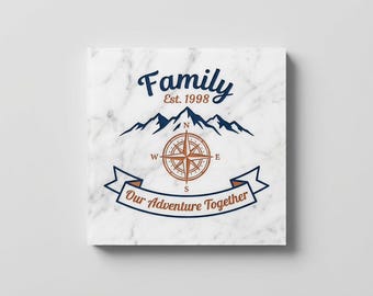 Personalized Family Established Marble Plaque - Custom Mountain Adventure Decor - Compass Rose & Banner Art