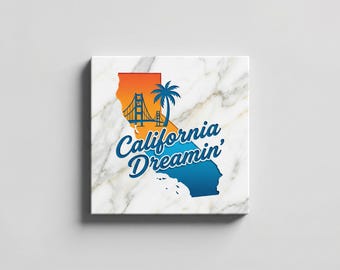 California Dreamin' Marble Plaque – Golden Gate Bridge, Palm Tree Decor 6x6"