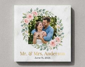 Personalized Thassos Marble Wedding Photo Plaque – Floral Watercolor Border, Anniversary Gift