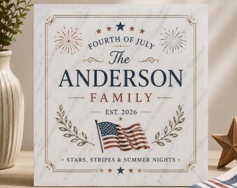 Custom Family 4th of July Marble Plaque - Stars Stripes and Summer Nights - Personalized Independence Day Gift - 6x6 Carrara Stone Decor