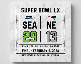 Super Bowl LX Scoreboard Plaque – Seattle vs New England Marble Decor