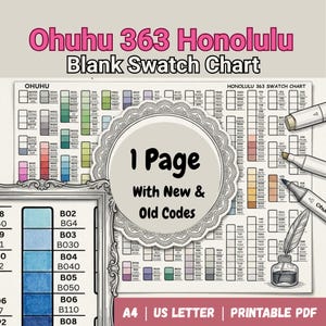 Op de afbeelding: Een Ohuhu 363 Honolulu blanco kleurenkaart met een raster van kleurcodes, een centraal rond label met de tekst 1 Page With New & Old Codes en een decoratieve lijst. Het document is beschikbaar in A4 en US Letter als een printbare PDF.