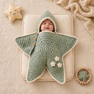 Crochet Star Baby Sleep Sack Pattern PDF | Hooded Bunting Cocoon Swaddle Blanket | Newborn Photo Prop | Baby Shower Gift | Beginner Friendly