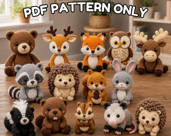 Paquete de 12 patrones de ganchillo de animales del bosque / Paquete PDF de animales amigurumi, decoración infantil y juguetes de regalo, descarga digital