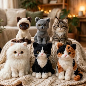 Paket med 6 virkmönster för katter i PDF-format | Mjuka amigurumi-leksaker för kattungar | Enkla nybörjarvänliga plyschmönster för djur, direkt nedladdning