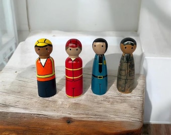 Hand-Painted Wooden Community Helper Peg Dolls: Fireman, Policeman, Construction Worker, Army Man
