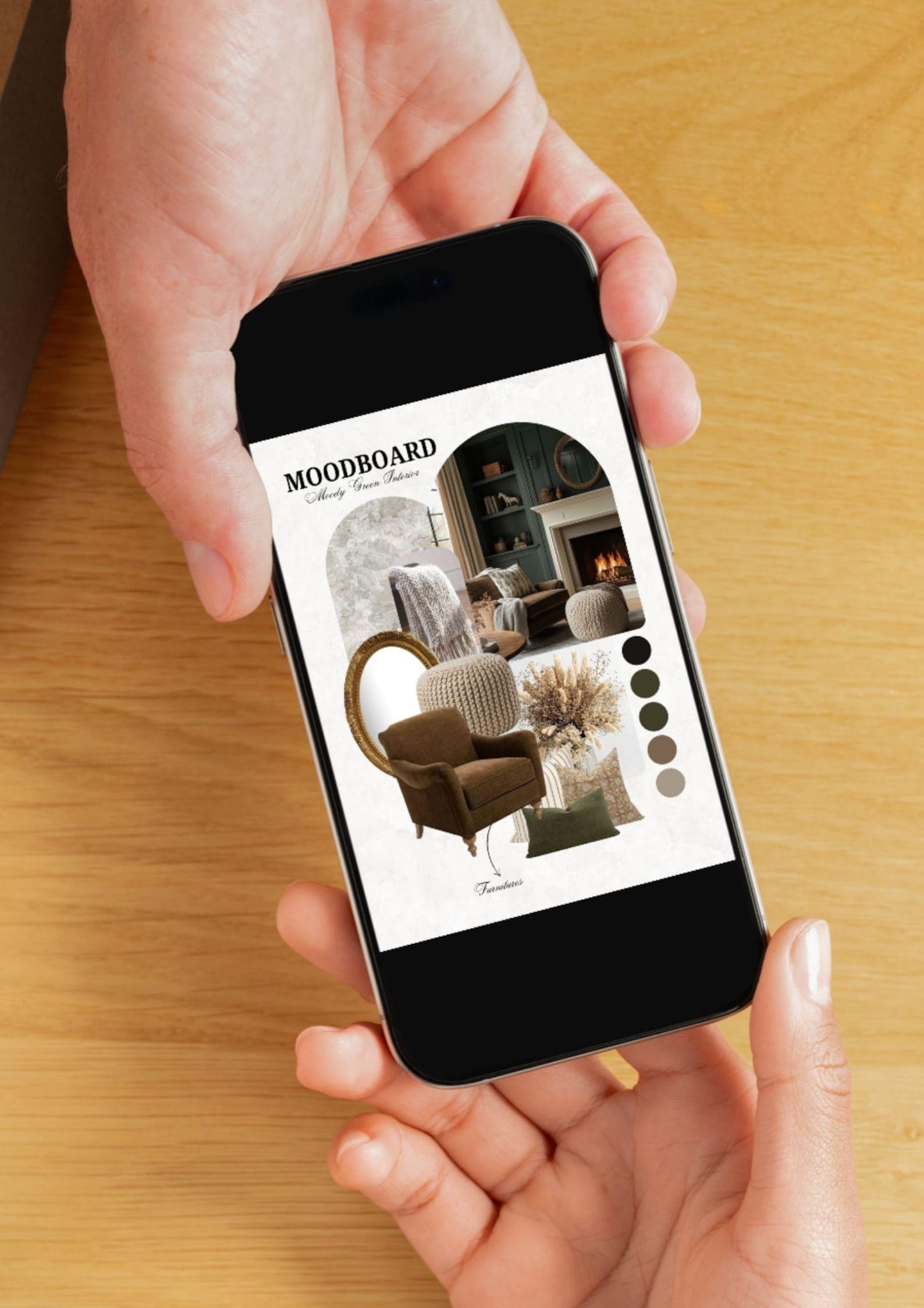 Moody Green Interior Moodboard Template | Living Room Canva Template ...