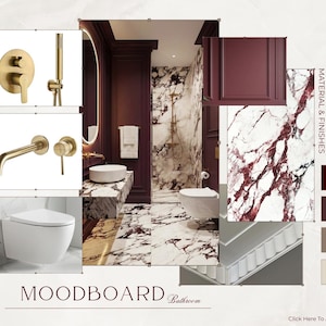 Puede incluir: Un moodboard de baño con grifos dorados, un inodoro blanco y una pared y suelo con diseño de mármol. La paleta de colores incluye tonos burdeos, marrón y beige. El texto "MOODBOARD Bathroom" está en la parte inferior.
