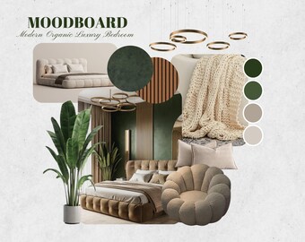Nowoczesny, organiczny, luksusowy szablon tablicy inspiracji do sypialni – zielona, monochromatyczna tablica aranżacji wnętrz – edytowalny Canva