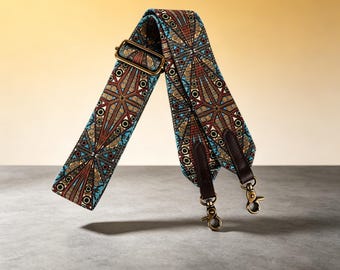 Personalized Bohemian Woven Bag Strap 145cm×5cm, Colorful Geometric Embroidery Wide Shoulder Strap, Vintage Leather Accent Crossbody Strap