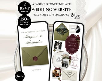 Burgundy Green Olive Wedding Website Template, Old Money Swan Floral Interactive Canva Invitation: RSVP, Music, Countdown (Digital Download)