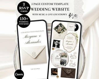 Mall för bröllopshemsida i elfenbensbrun, digital inbjudan till Canva med beige blommig svan och gammal pengasvan: musik, nedräkning, OSA (digital nedladdning)