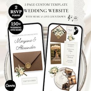 May include: A digital wedding website template displayed on two smartphones. The design includes RSVP forms, wedding stickers, and a live countdown. The text includes "Morgane & Alexander" and "Invitation". The design features a brown envelope with a gold seal.