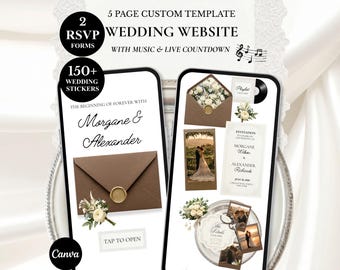 Bröllopshemsida med bruna blommor, elegant inbjudningskort med espressochoklad och gamla pengar på Canva-mall: OSA, nedräkning, musik (digital nedladdning)