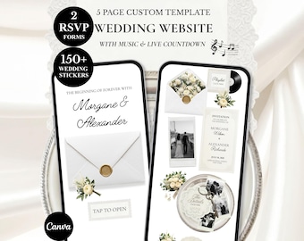 Redigerbar vit krämfärgad bröllopshemsida med blomsterträdgård och gamla pengar Canva-mall: Musik, nedräkning, mobil OSA (digital nedladdning)