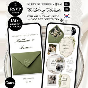 Könnte beinhalten: Zwei Smartphones zeigen eine zweisprachige Hochzeits-Website-Vorlage auf Englisch und Koreanisch. Die Bildschirme zeigen einen grünen Umschlag, Einladungstext für Matthew und Areum, einen Reiseführer, Musikplayer und diverse Hochzeitssticker.
