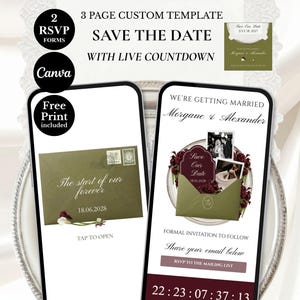 Puede incluir: Una plantilla digital personalizable de 3 páginas Save the Date para Canva con cuenta regresiva en vivo. El diseño incluye un sobre verde oliva con el texto The start of our forever, fotos de boda y los nombres Morgane y Alexander.