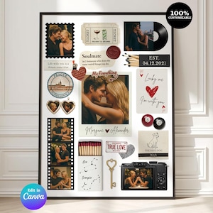 Puede incluir: Un collage enmarcado con fotos, entradas y elementos decorativos. El collage incluye una foto de una pareja, un disco de vinilo y el texto "EST. 04.12.2021". Otros elementos incluyen un corazón, una llave y el texto "Lucky me I'm with you".