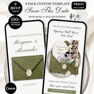 May include: Two smartphone screens displaying a 3-page custom Save The Date wedding template. The design features text including Morgane & Alexander, Cipriani Wall Street, New York, and RSVP to the mailing list, alongside a green envelope graphic.
