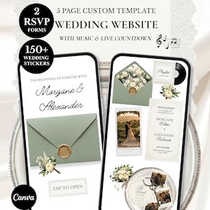 Peut inclure: Maquette de site web de mariage numérique affichée sur deux smartphones. La conception comprend des formulaires RSVP, des autocollants de mariage et un compte à rebours en direct. Le texte comprend "Morgane & Alexander" et "Wedding Website".