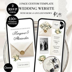 May include: A wedding website template displayed on two smartphones. The screens showcase invitation designs, RSVP forms, and wedding stickers. Text includes "Morgane & Alexander," "Wedding Website," and "With Music & Live Countdown."