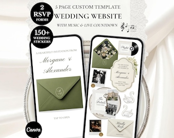Salbeigrüne Hochzeit Website Vorlage, Altes Geld Eleganter Blumen Schwan Canva Digitale Einladung: Musik, Countdown, Antwortkarten (Digitaler Download)