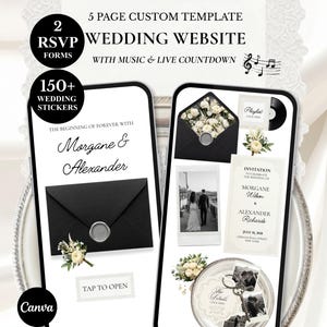 Puede incluir: Una plantilla de sitio web de bodas personalizable de 5 páginas en dos teléfonos inteligentes. El diseño presenta sobres negros con sellos de cera, detalles florales y texto como "Morgane & Alexander". Incluye más de 150 pegatinas de boda, 2 formularios RSVP, música y una cuenta regresiva.
