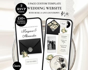 Svartvit silver gotisk bröllopshemsida mall, interaktiv elegant digital bröllopsinbjudan: musik, nedräkning, OSA (ladda ner Canva)