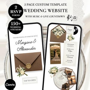 Puede incluir: Una plantilla de sitio web de bodas digital que se muestra en dos teléfonos inteligentes. El diseño incluye formularios RSVP, pegatinas de boda y una cuenta regresiva en vivo. El texto incluye "Morgane & Alexander" e "Invitación".