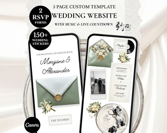 Glänsande salviagrön bröllopswebbplats Gamla pengar Blomsterträdgård Interaktiv Canva-inbjudningsmall: OSA, musik, nedräkning (digital nedladdning)