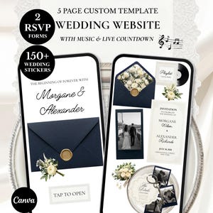 Peut inclure: Modèle de site web de mariage affiché sur deux smartphones. La conception comprend des enveloppes bleu marine avec des sceaux dorés, des compositions florales et des détails d'invitation. Le texte comprend "Morgane & Alexander" et "Wedding Website".