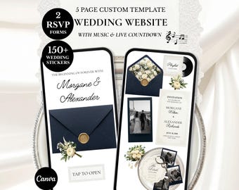 Mall för bröllopshemsida med mörkblå marinblå motiv, digital inbjudan med gamla pengar och blommigt motiv: OSA, musik, nedräkning (digital nedladdning)