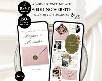 Strawberry Matcha Pink Green Wedding Website Template, Swan Floral Old Money Canva Invitation: RSVP, Music, Countdown (Digital Download)