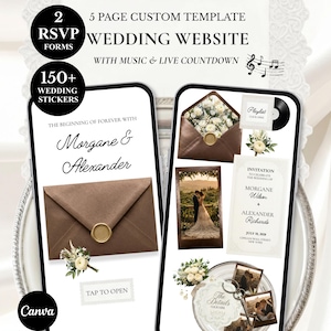 Puede incluir: Una plantilla de sitio web de bodas digital mostrada en dos teléfonos inteligentes, con 5 formularios RSVP, más de 150 pegatinas de boda, música y una cuenta regresiva en vivo. Las pantallas muestran texto personalizado para Morgane y Alexander, sobres marrones con sellos de cera, detalles florales y la invitación.