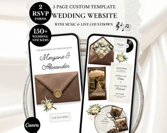Mall för bröllopshemsida i glänsande mörkbrun, elegant blommig trädgårdsinbjudan i canvas: OSA, musik, nedräkning (digital nedladdning)