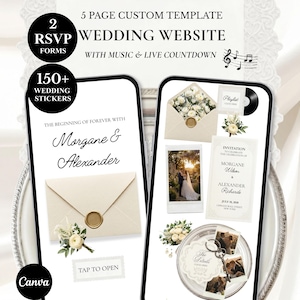 Puede incluir: Una plantilla de sitio web de bodas digital en dos teléfonos inteligentes, con 5 páginas, 2 formularios RSVP, música, cuenta regresiva en vivo y más de 150 pegatinas. Las pantallas muestran texto, sobres con sellos de cera, flores y fotos.