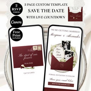 Puede incluir: Una plantilla digital Save the Date para Canva con dos pantallas de smartphone que muestran invitaciones de boda en color burdeos profundo con texto blanco, incluyendo cuenta regresiva, formularios RSVP y opción imprimible.