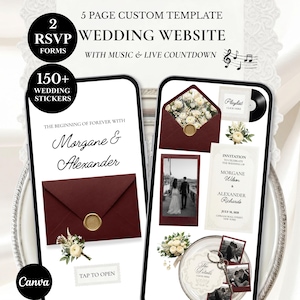 Peut inclure: Modèle de site web de mariage affiché sur deux smartphones. Le design comprend des enveloppes bordeaux avec des sceaux dorés, des compositions florales et une photo d'un couple. Le texte comprend "Morgane & Alexander", "Formulaires RSVP" et "Autocollants de mariage".