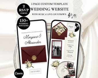 Anpassad vinröd bröllopswebbplats med gamla pengar, elegant blommig trädgård, digital inbjudan Canva-mall: OSA, nedräkning, musik (digital nedladdning)