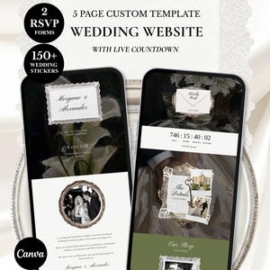 May include: A 5-page custom wedding website template featuring a live countdown, 2 RSVP forms, and 150+ wedding stickers. The mobile interface displays elegant typography, a black and white couple photo in a circular frame, and a key icon.