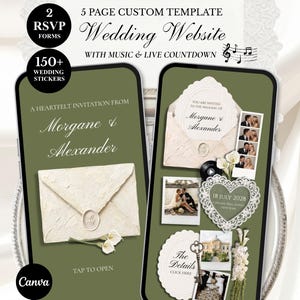 Puede incluir: Una plantilla de sitio web de bodas personalizada de 5 páginas con fondo verde salvia, texto que dice 5 PAGE CUSTOM TEMPLATE Wedding Website WITH MUSIC & LIVE COUNTDOWN, 2 RSVP FORMS, 150+ WEDDING STICKERS y marca Canva. Las pantallas móviles muestran detalles.